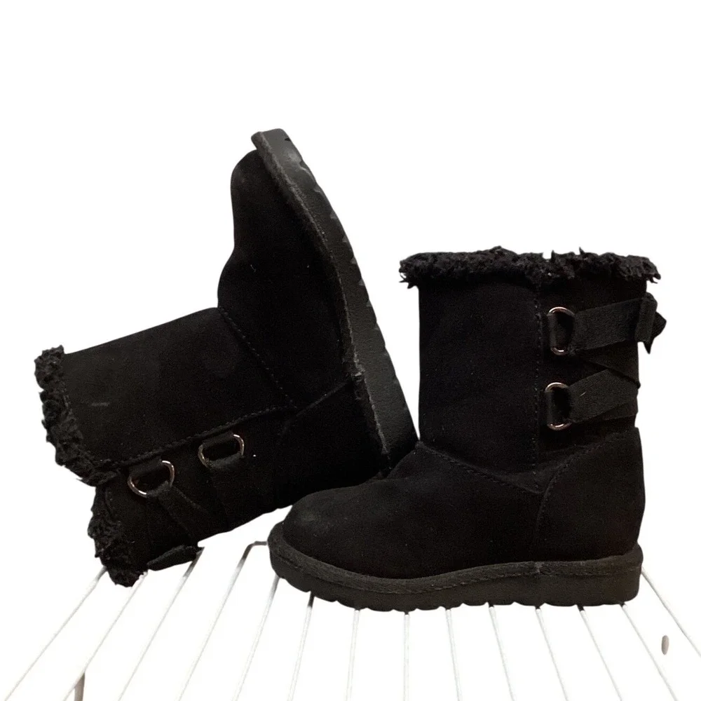 Kids Black Faux Suede Fur Trimmed Boots Buckle Detail Size 5